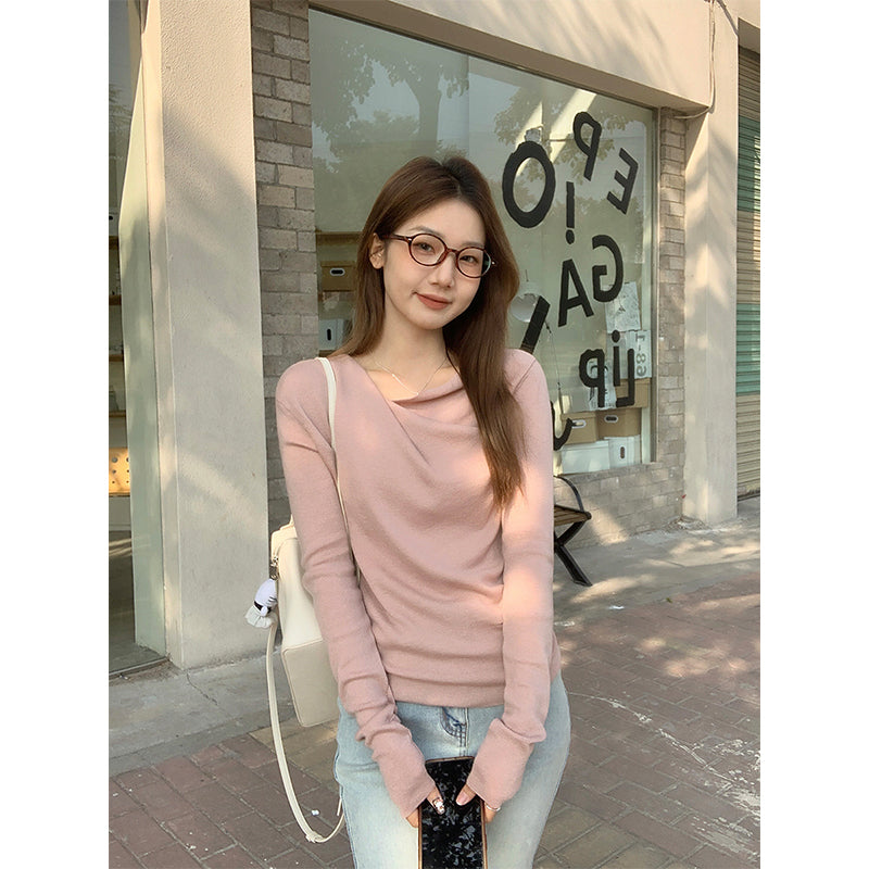 【F60149】實拍法式扭褶斜領羊絨長袖針織衫250218