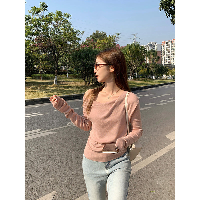 【F60149】實拍法式扭褶斜領羊絨長袖針織衫250218