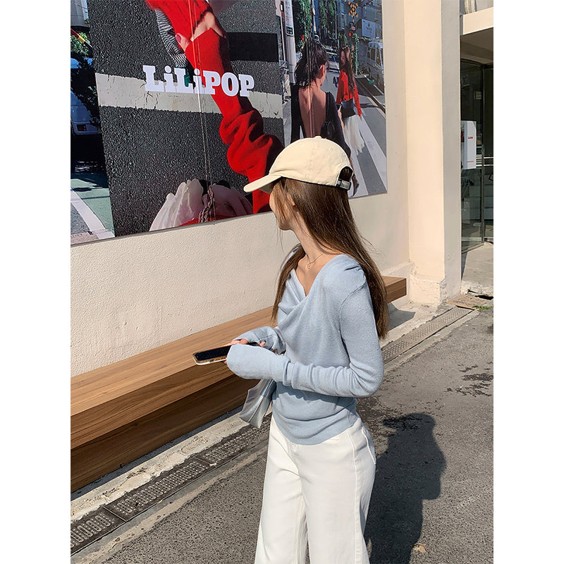 【F60149】實拍法式扭褶斜領羊絨長袖針織衫250218
