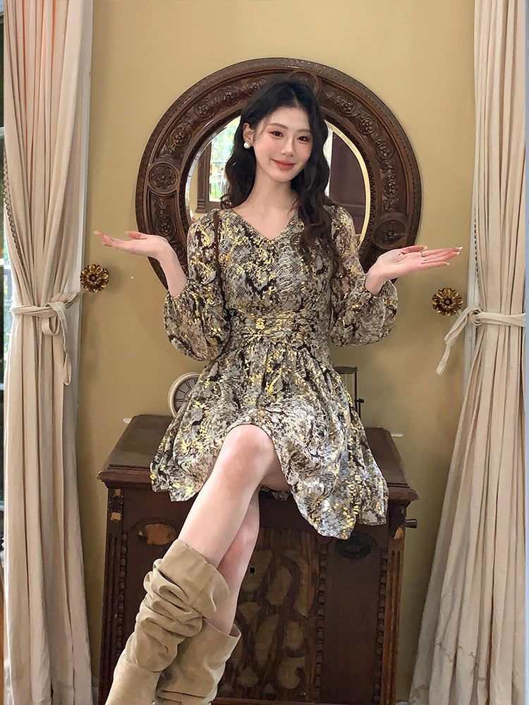 【F60226】實拍S~2XL春季法式V領碎花長袖顯瘦雪紡洋裝250304