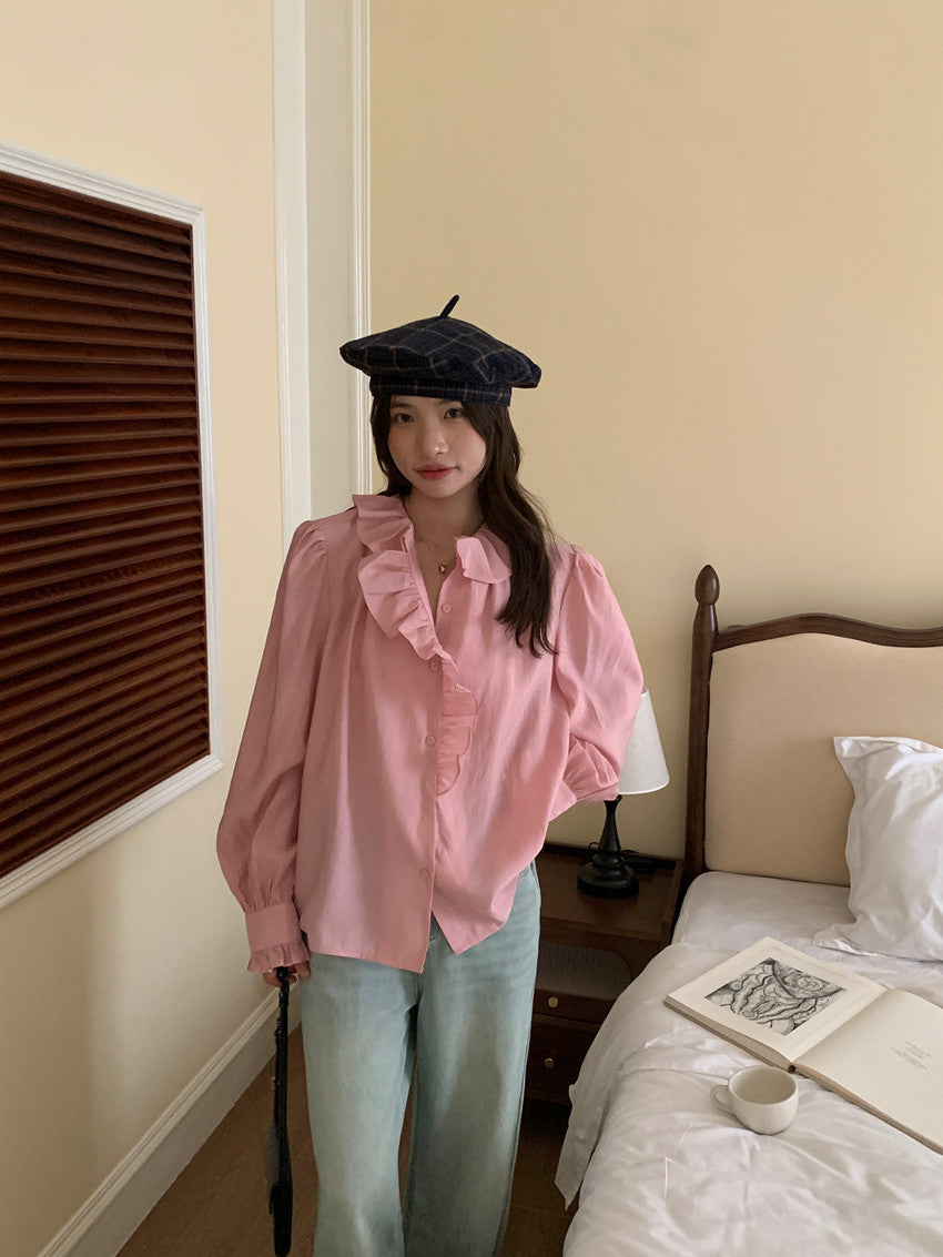 【F60134】實拍法式荷葉寬鬆長袖襯衫250212