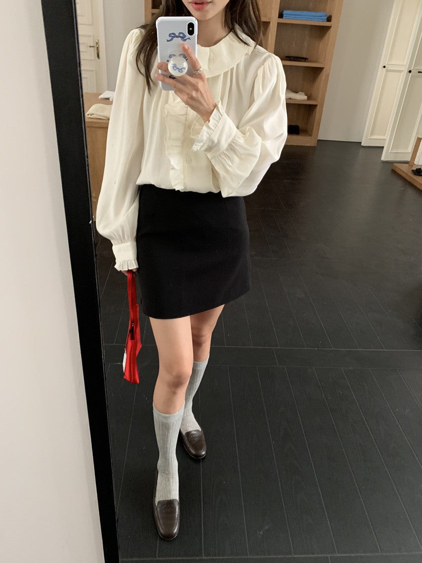 【F60134】實拍法式荷葉寬鬆長袖襯衫250212