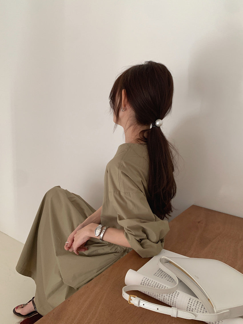 【F60210】實拍復古優雅 圓領寬鬆綁帶長洋裝250225