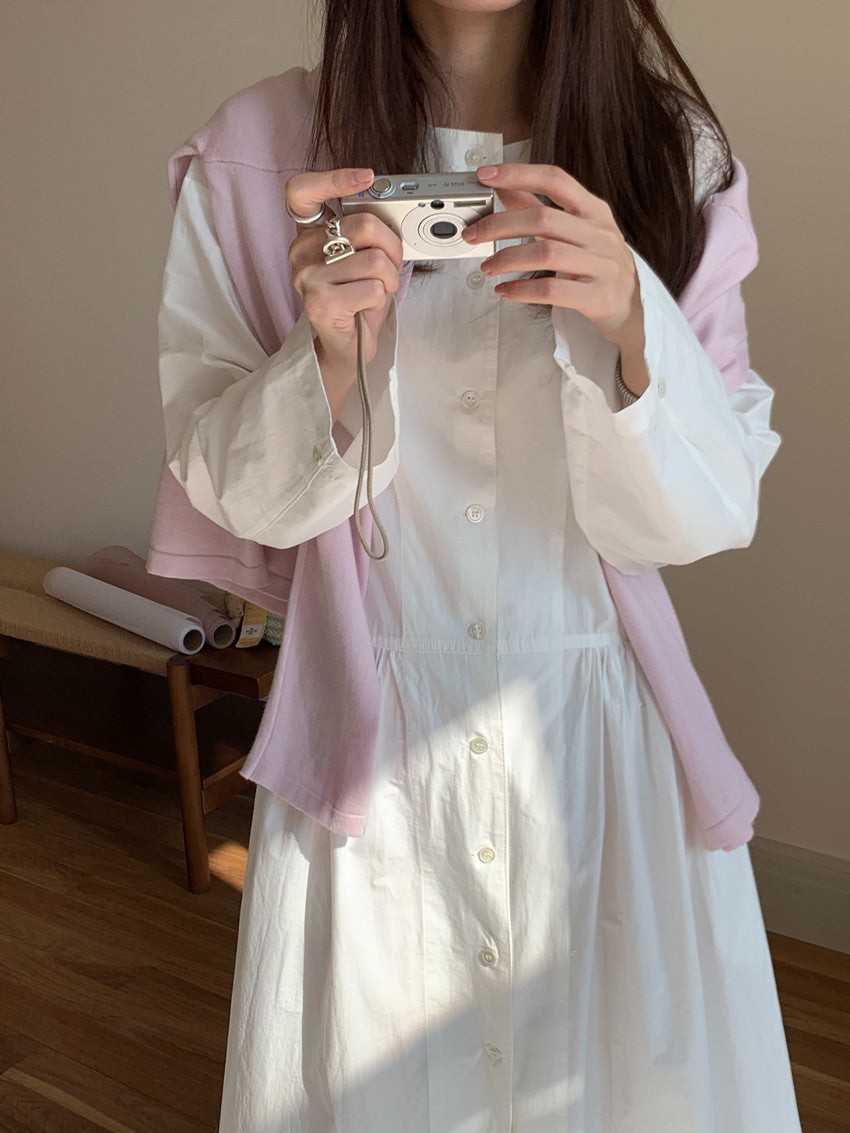 【F60210】實拍復古優雅 圓領寬鬆綁帶長洋裝250225