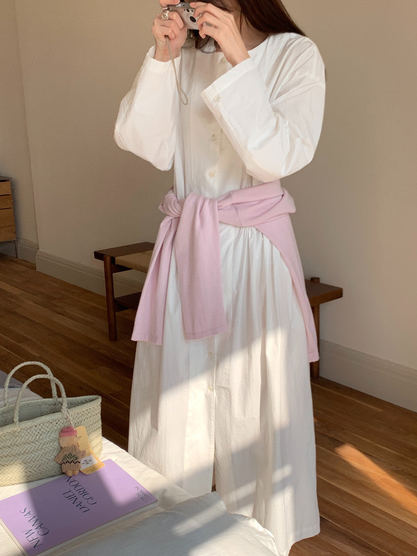 【F60210】實拍復古優雅 圓領寬鬆綁帶長洋裝250225