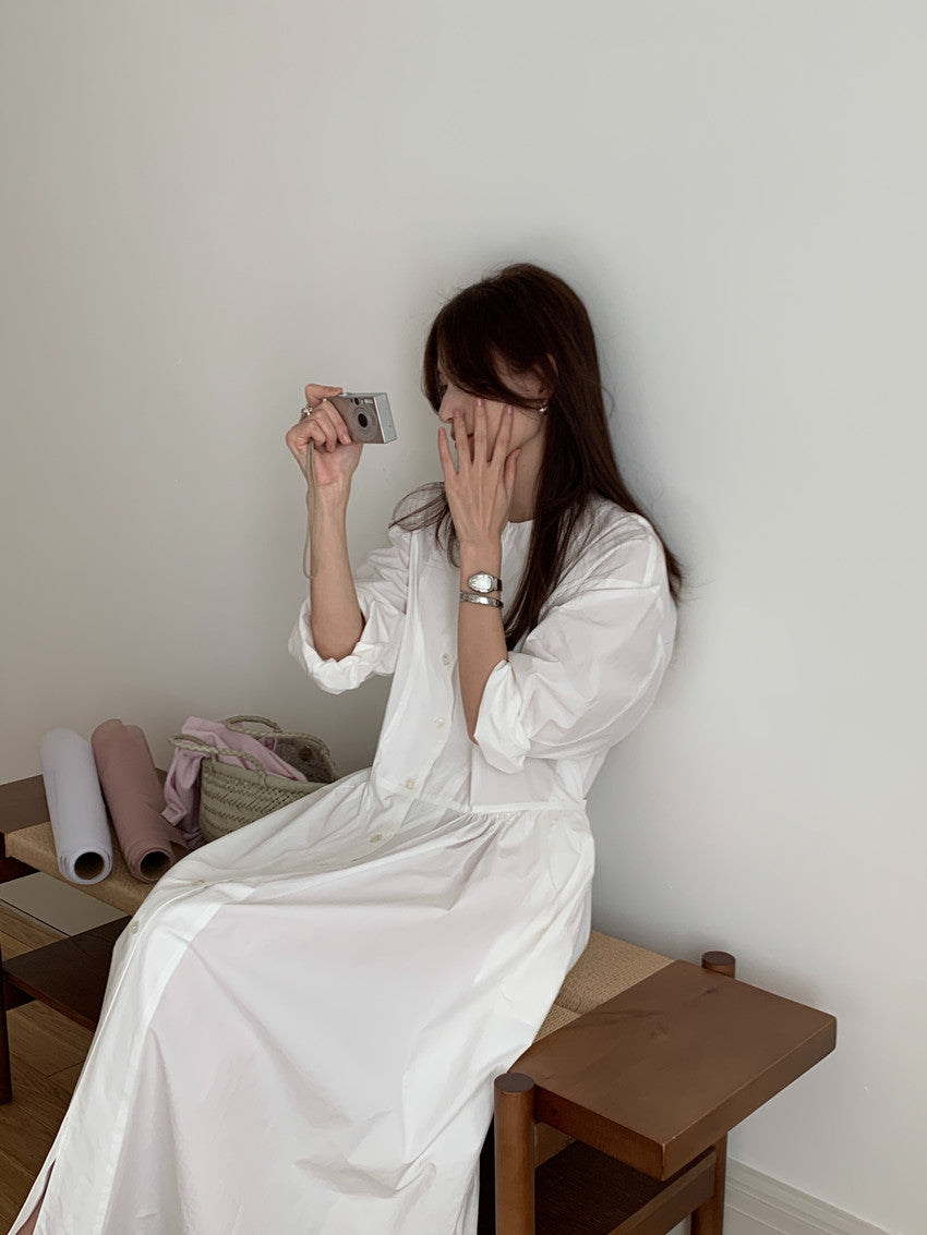 【F60210】實拍復古優雅 圓領寬鬆綁帶長洋裝250225