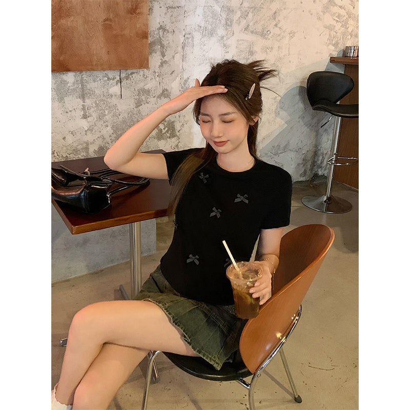【F60150】實拍夏季甜美立體蝴蝶結短袖T恤250218