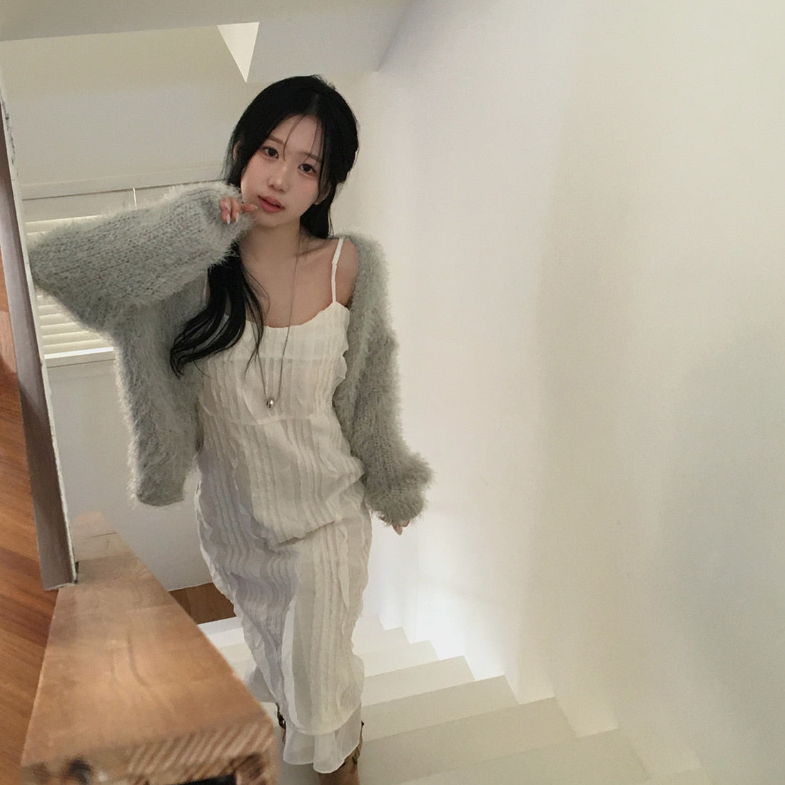 【F60153】韓國法式氣質温柔浪漫荷葉吊帶洋裝250218