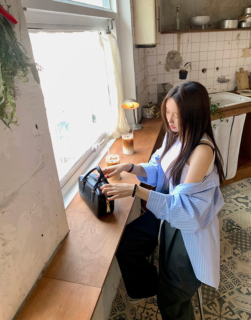 【F60196】韓國復古氣質抽繩繫帶高腰直筒闊腿休閒褲250225