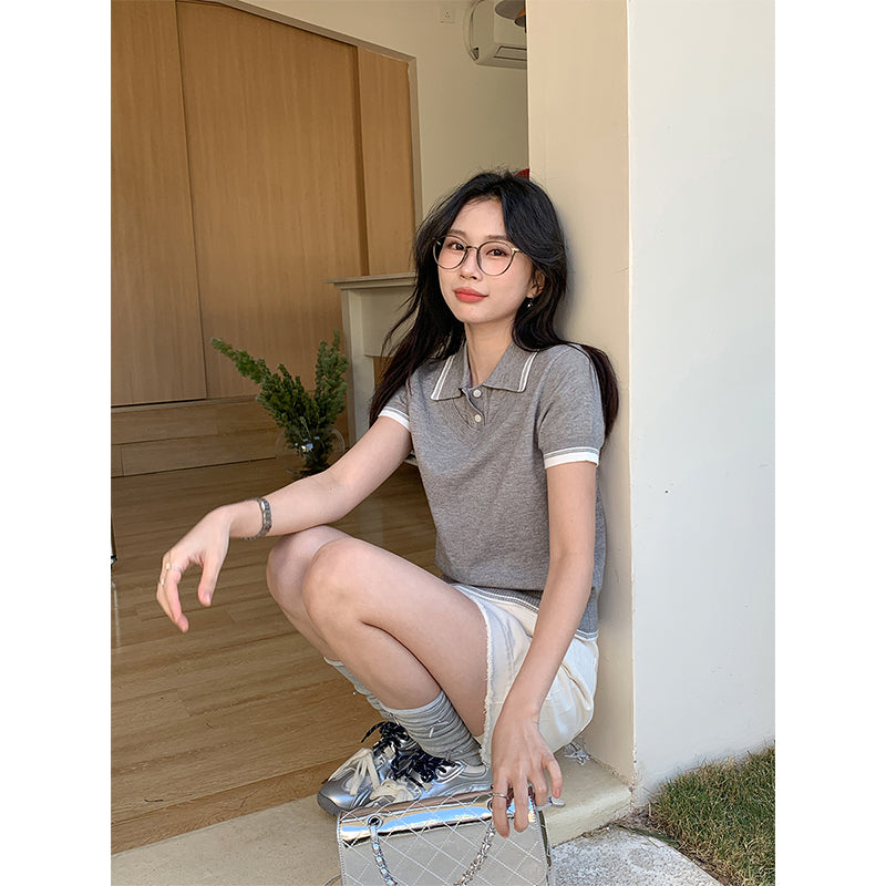 【F032267】實拍S~XL夏季Polo領學院短袖針織衫250311