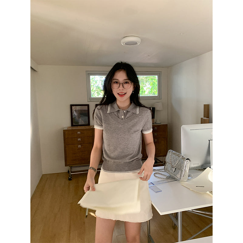 【F032267】實拍S~XL夏季Polo領學院短袖針織衫250311