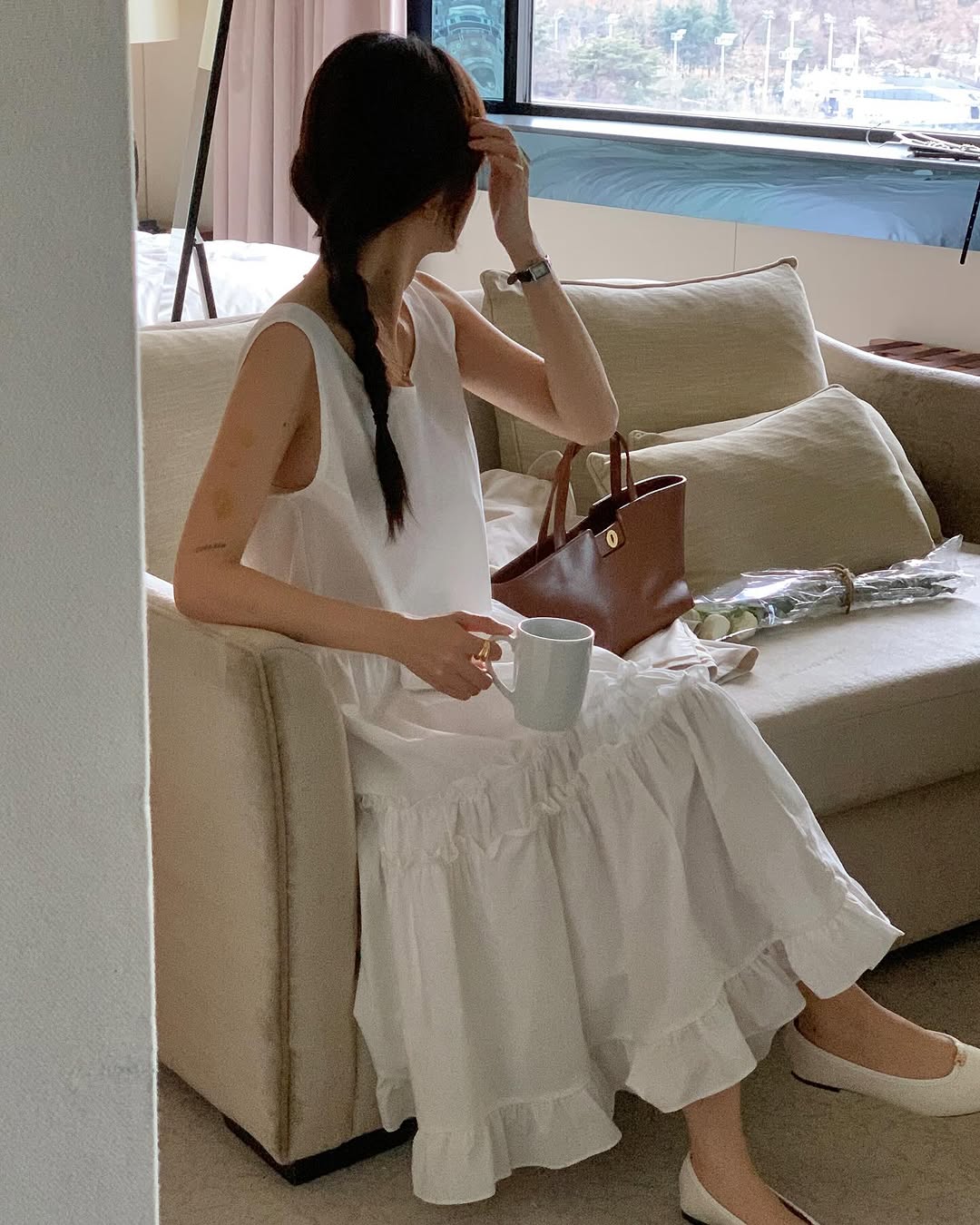 【F60195】韓國氣質休閒寬鬆後背繫帶背心洋裝250225