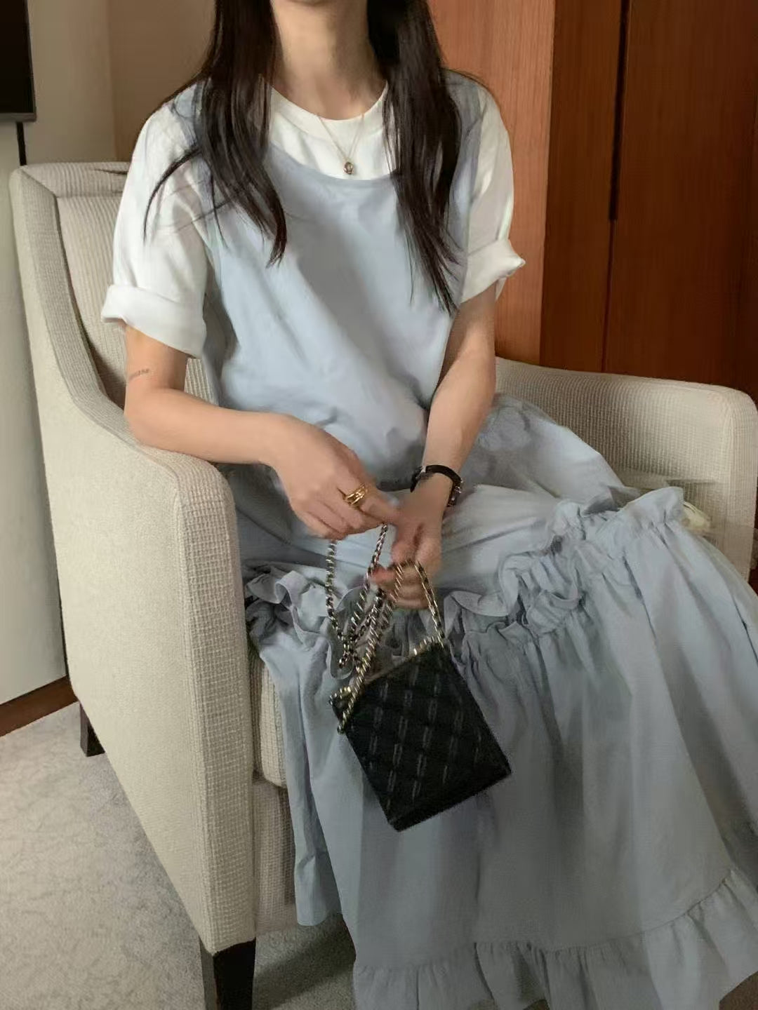 【F60195】韓國氣質休閒寬鬆後背繫帶背心洋裝250225
