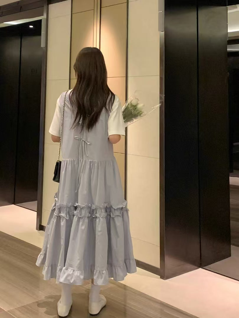 【F60195】韓國氣質休閒寬鬆後背繫帶背心洋裝250225