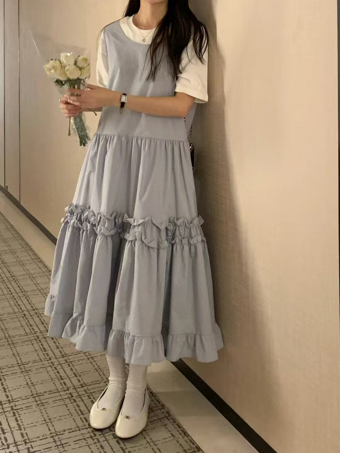 【F60195】韓國氣質休閒寬鬆後背繫帶背心洋裝250225