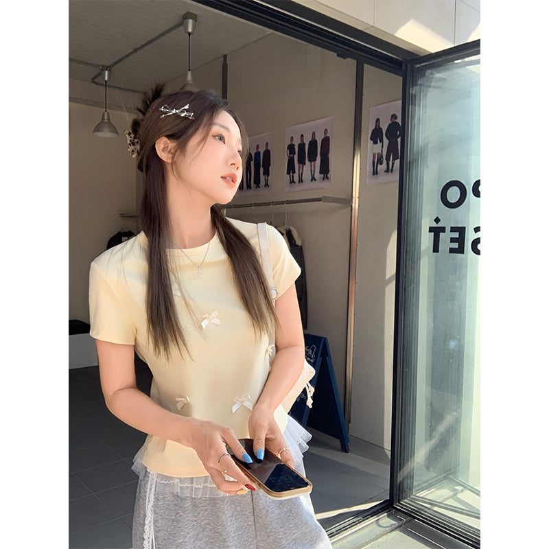 【F60150】實拍夏季甜美立體蝴蝶結短袖T恤250218