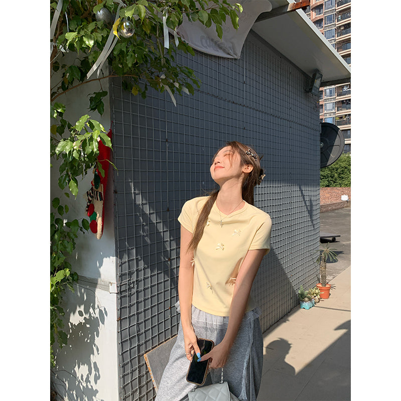 【F60150】實拍夏季甜美立體蝴蝶結短袖T恤250218