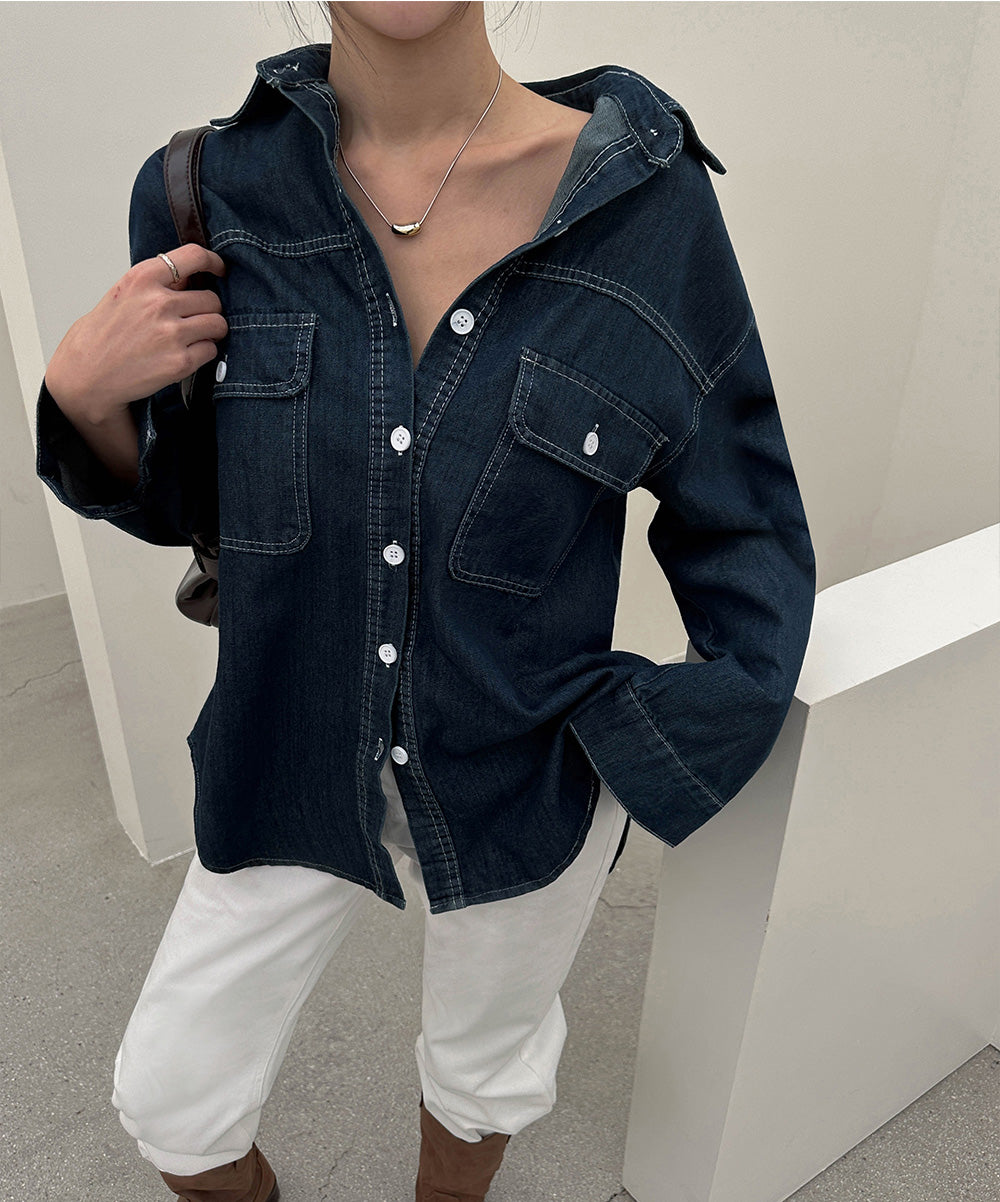【F60256】實拍寬鬆柔軟休閒個性牛仔襯衫250304