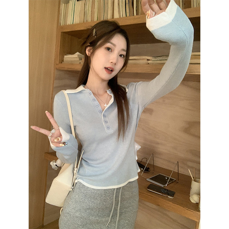 【F032268】實拍S~XL早春復古POLO翻領紐扣雙色針織250311