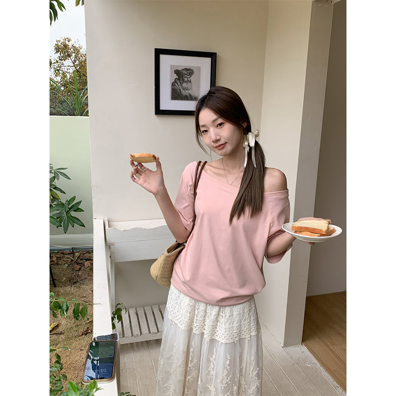 【F032272】實拍S~XL早春斜肩慵懶純棉舒適T恤250311