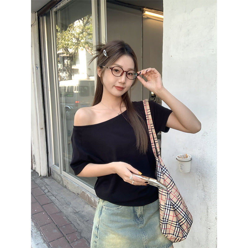 【F032272】實拍S~XL早春斜肩慵懶純棉舒適T恤250311
