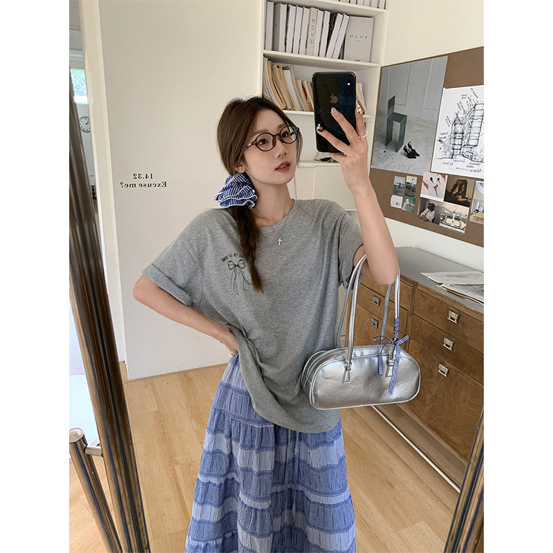 【F032265】實拍S~XL舒適寬鬆蝴蝶結印花短袖t恤250311