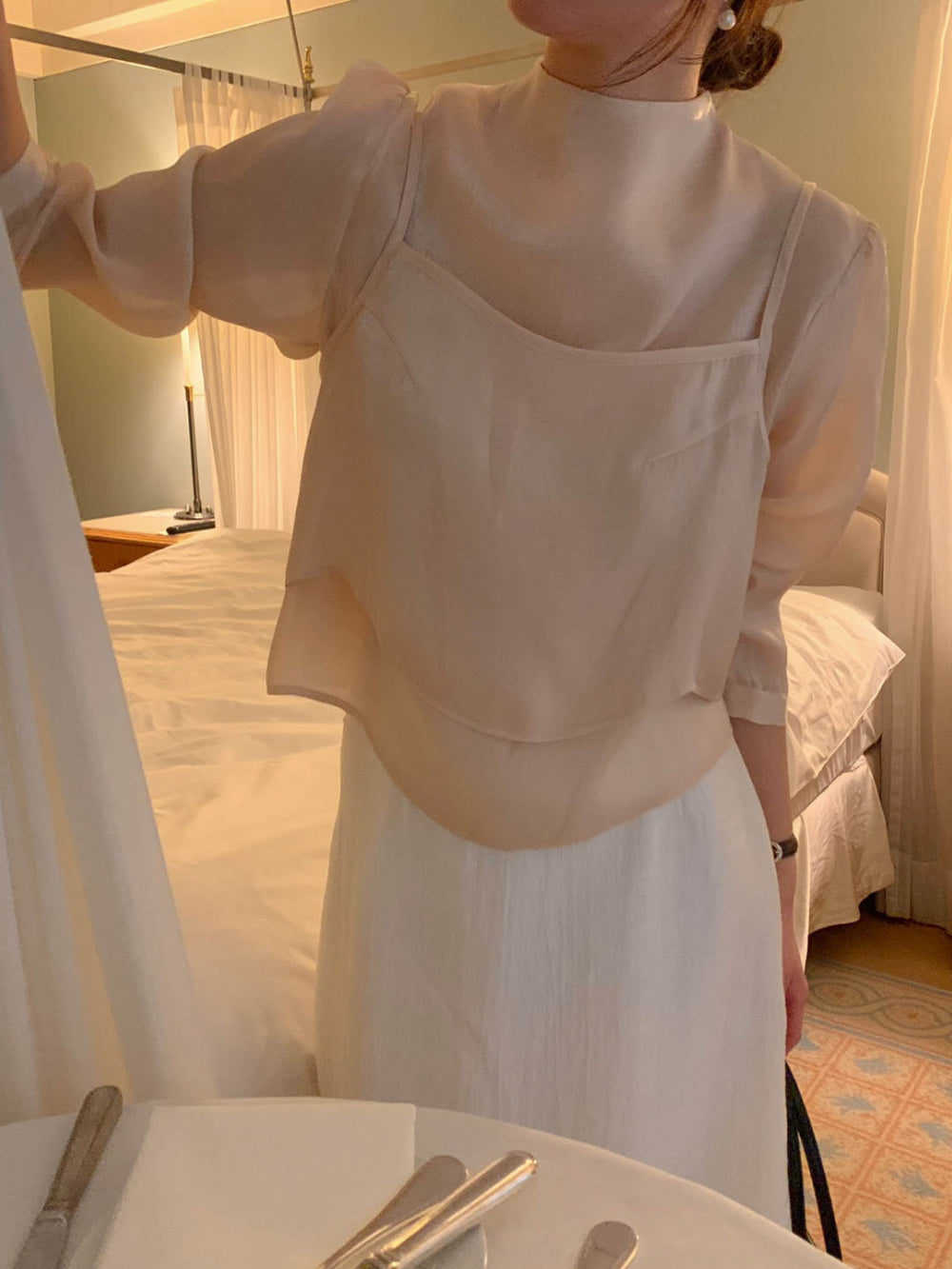 【F60154】韓國法式氣質半高領雪紡上衣+吊帶背心 2件套250218