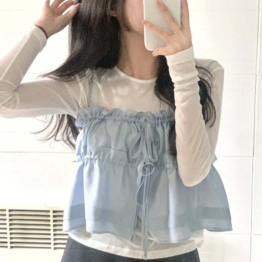 【F60152】韓國氣質甜美荷葉綁帶吊帶背心(不含內搭)250218