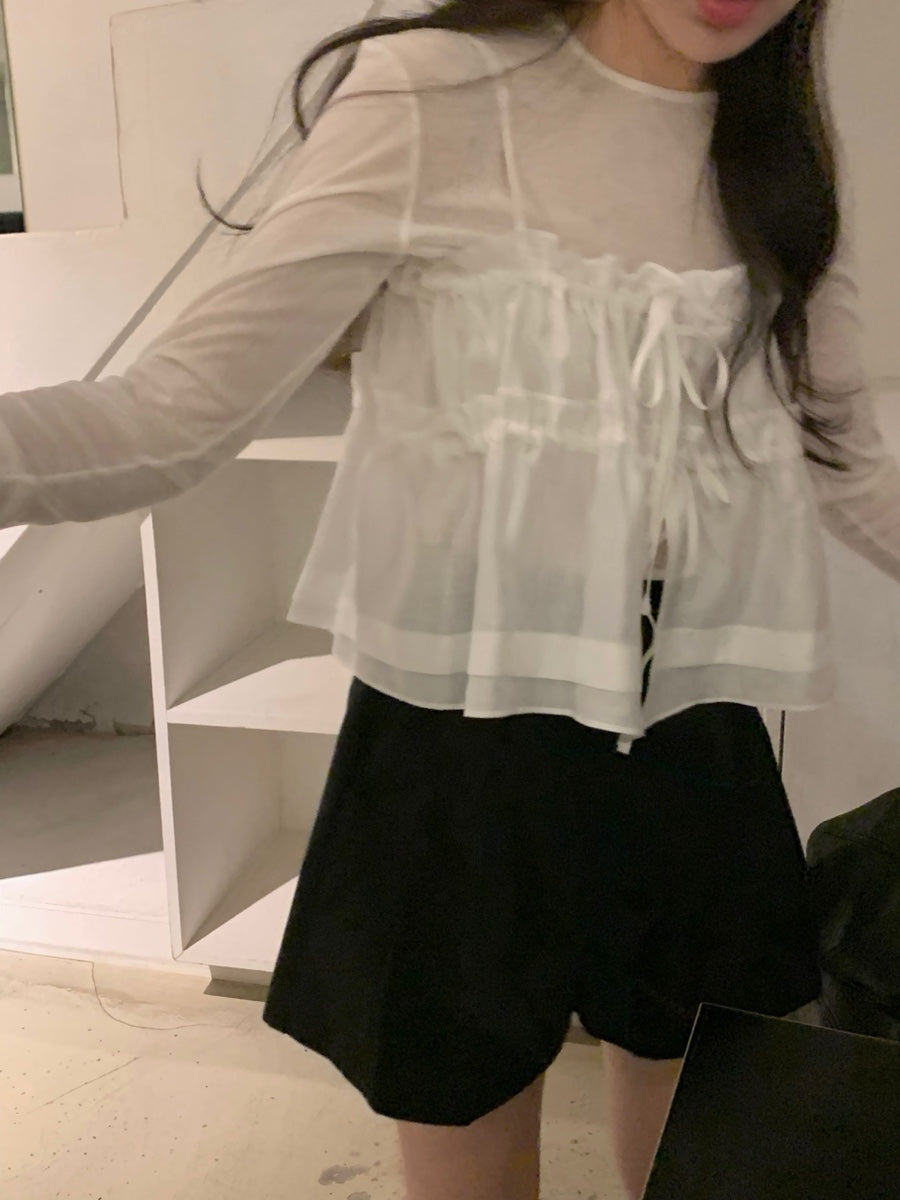 【F60152】韓國氣質甜美荷葉綁帶吊帶背心(不含內搭)250218