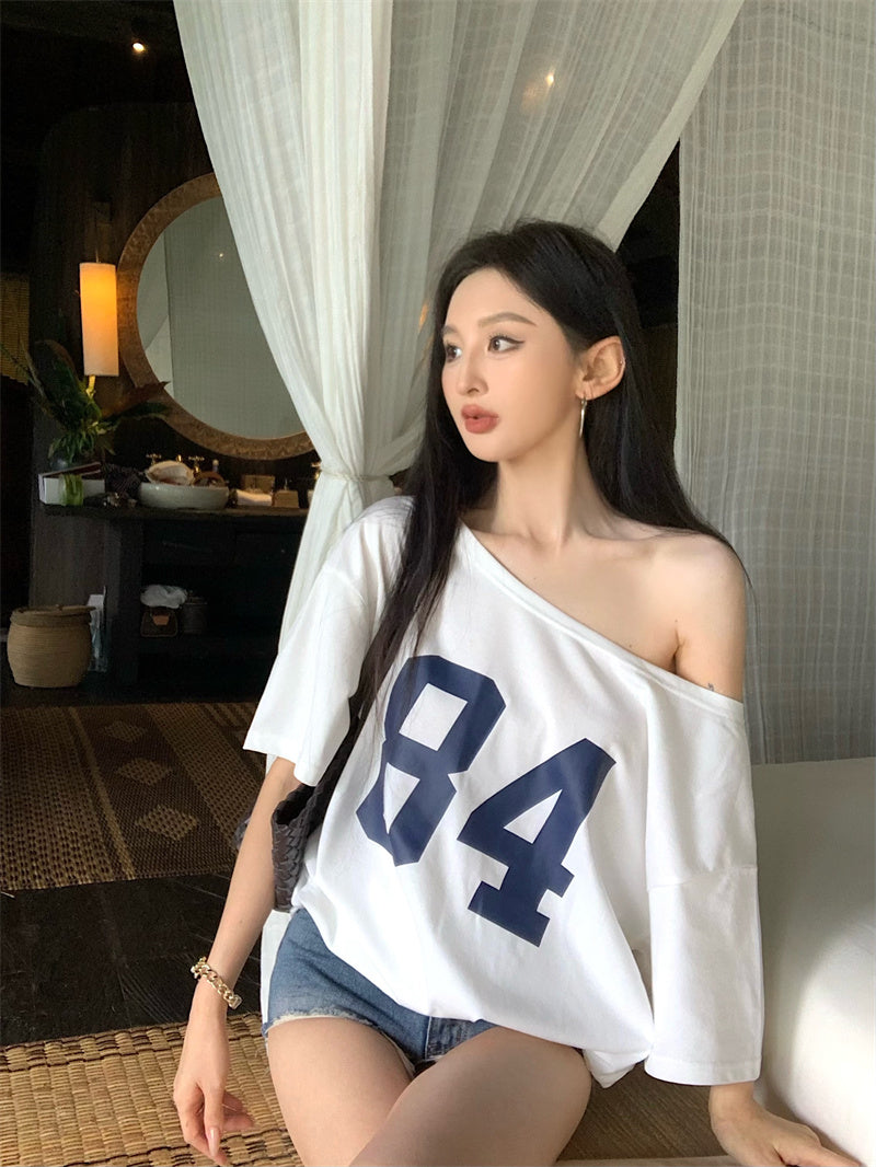 【F60329】實拍美式時髦慵懶寬鬆印花T恤250408