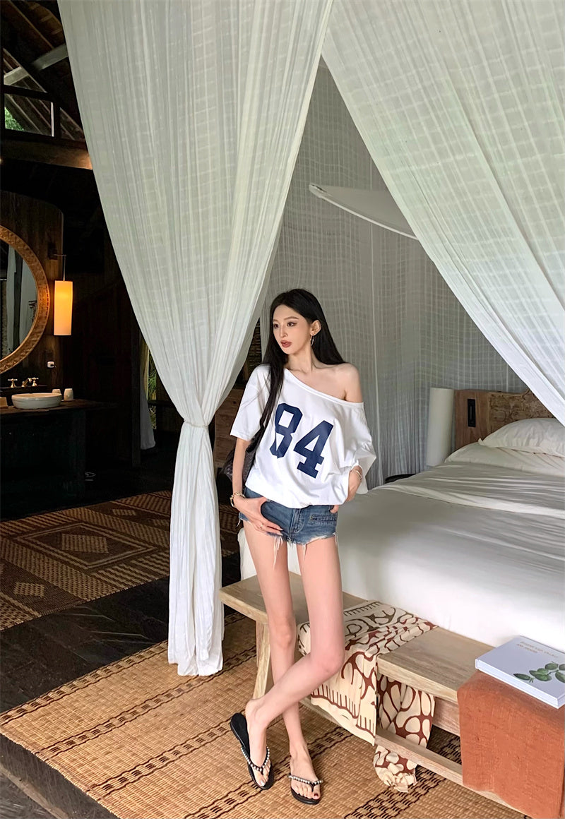 【F60329】實拍美式時髦慵懶寬鬆印花T恤250408
