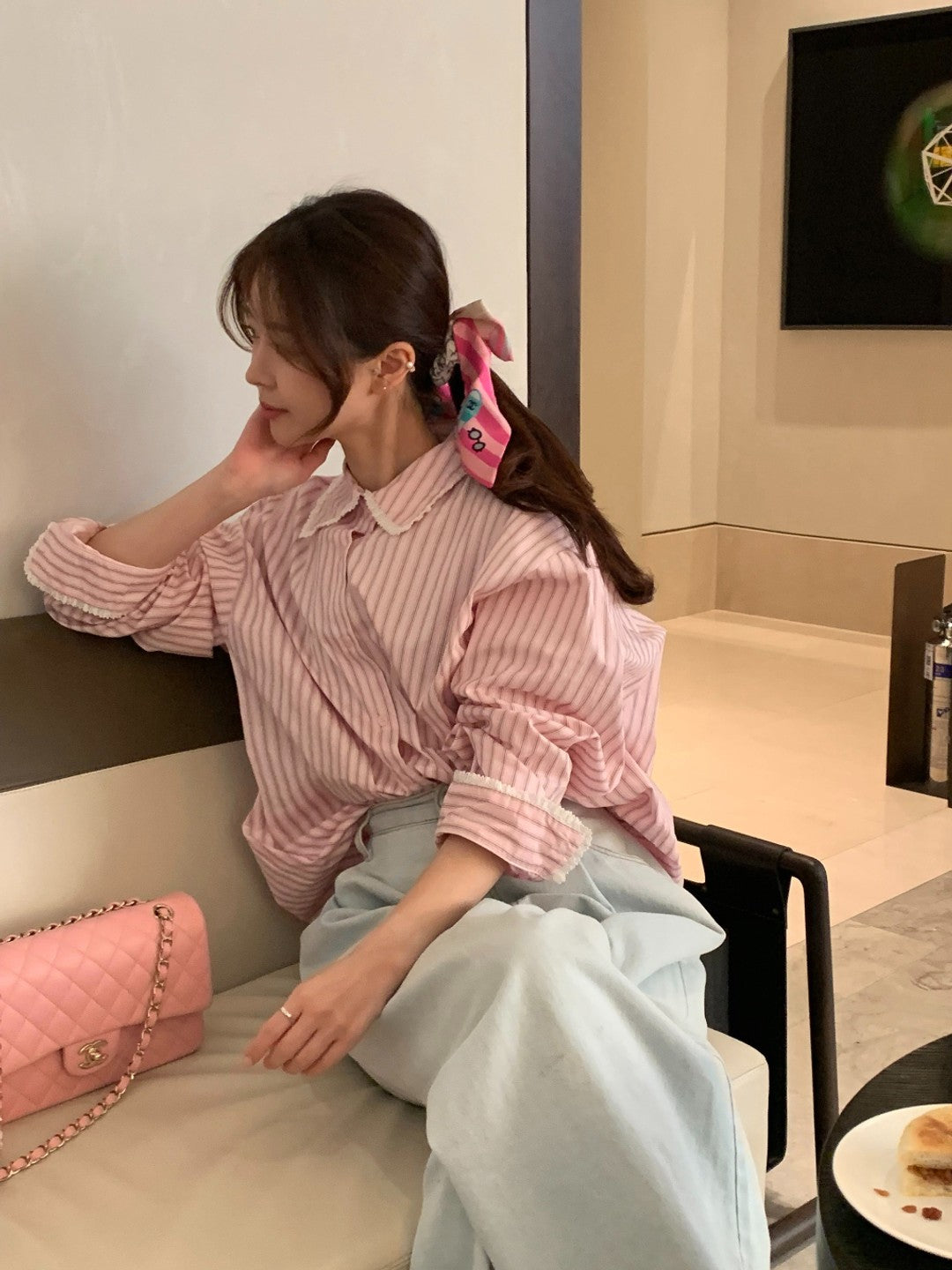【F60156】日系蕾絲條紋襯衫250218