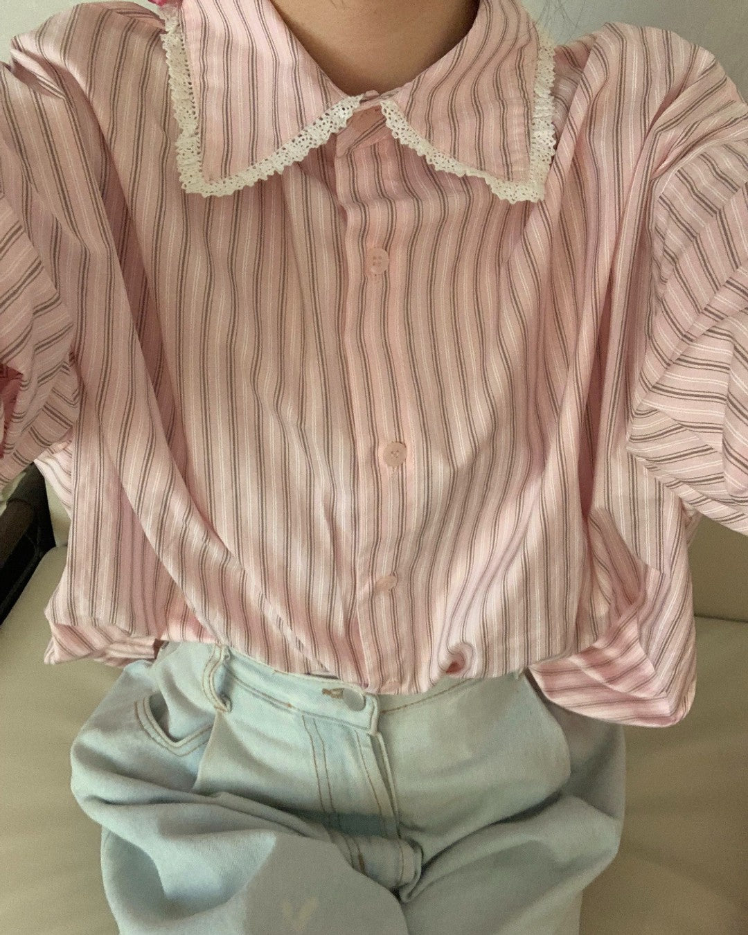 【F60156】日系蕾絲條紋襯衫250218