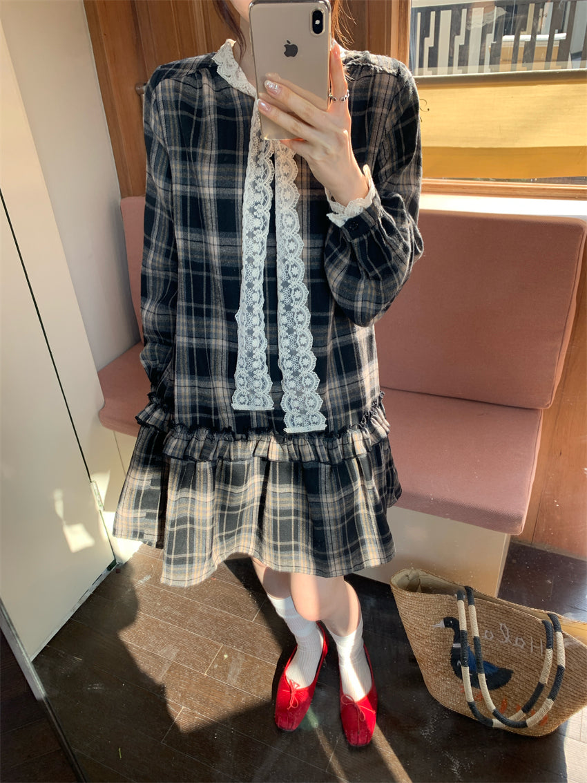 【F60219】實拍韓系復古蕾絲繫帶格紋洋裝250225