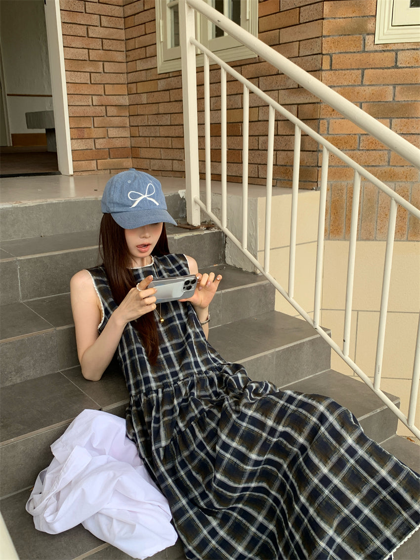 【F60216】實拍復古綠色格紋背心洋裝250225