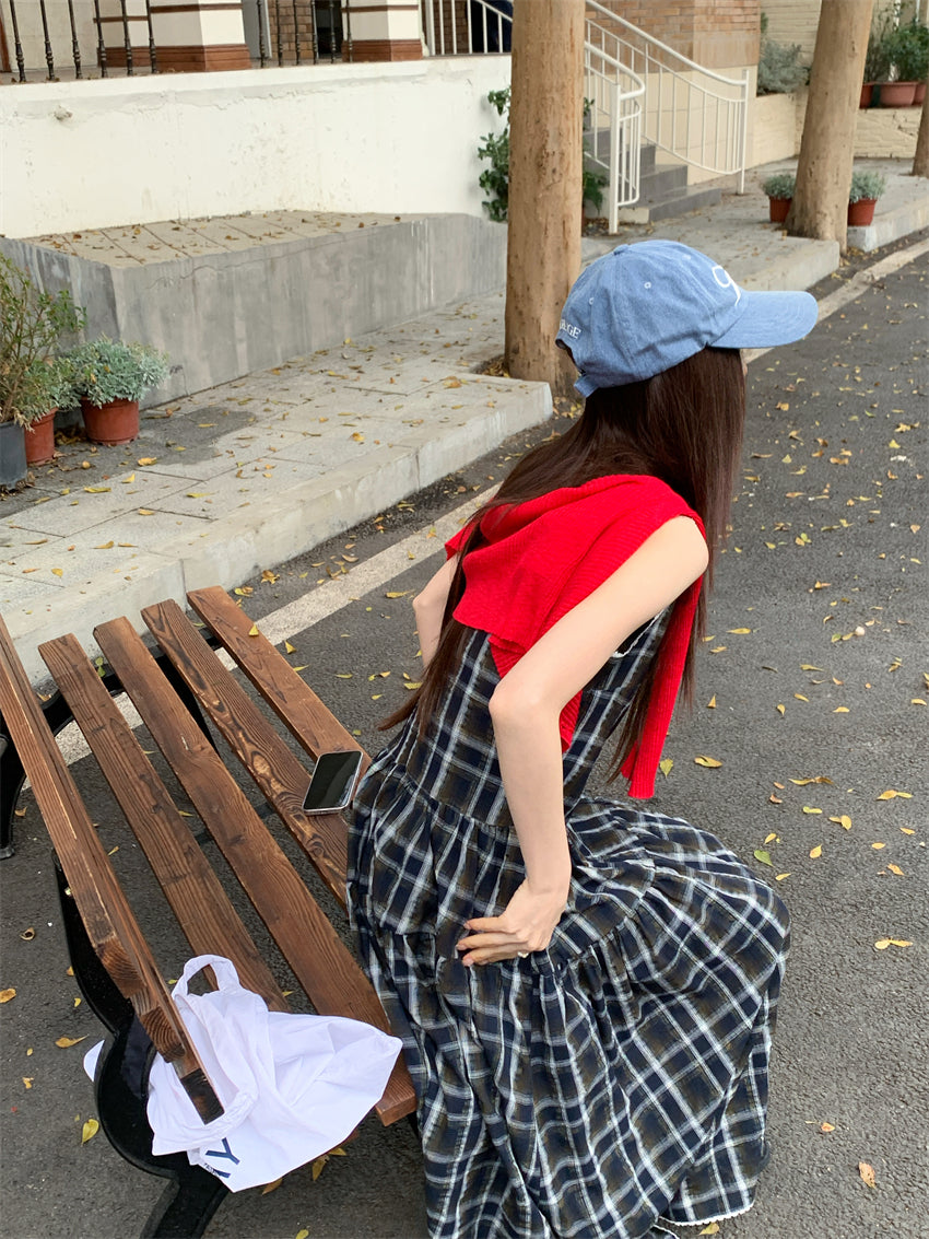 【F60216】實拍復古綠色格紋背心洋裝250225