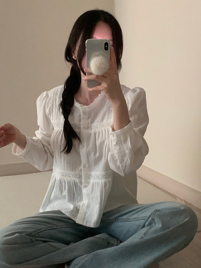 【F60198】韓國復古氣質蕾絲拼接泡泡袖襯衫250225