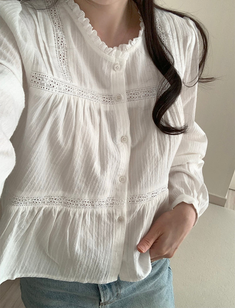 【F60198】韓國復古氣質蕾絲拼接泡泡袖襯衫250225