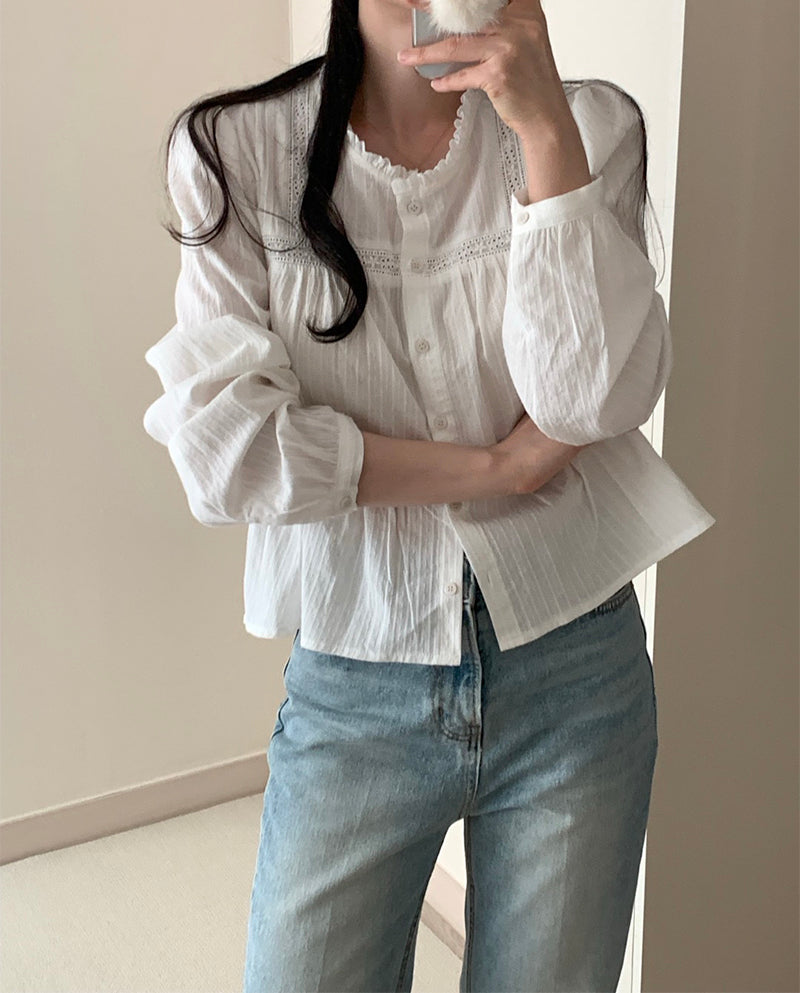 【F60198】韓國復古氣質蕾絲拼接泡泡袖襯衫250225