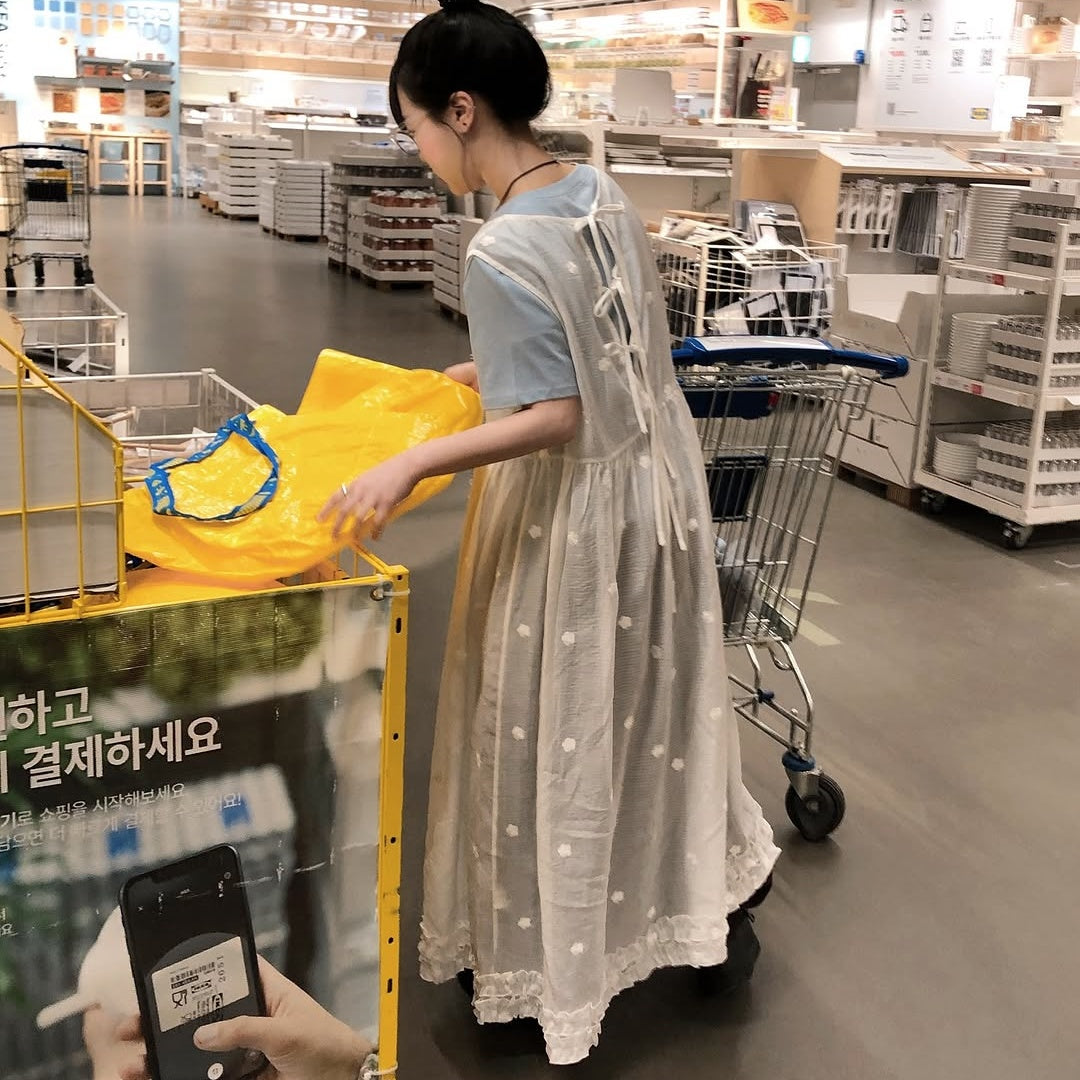 【F60193】韓國小眾疊穿神器~後背繫帶花朵刺繡網紗洋裝250225