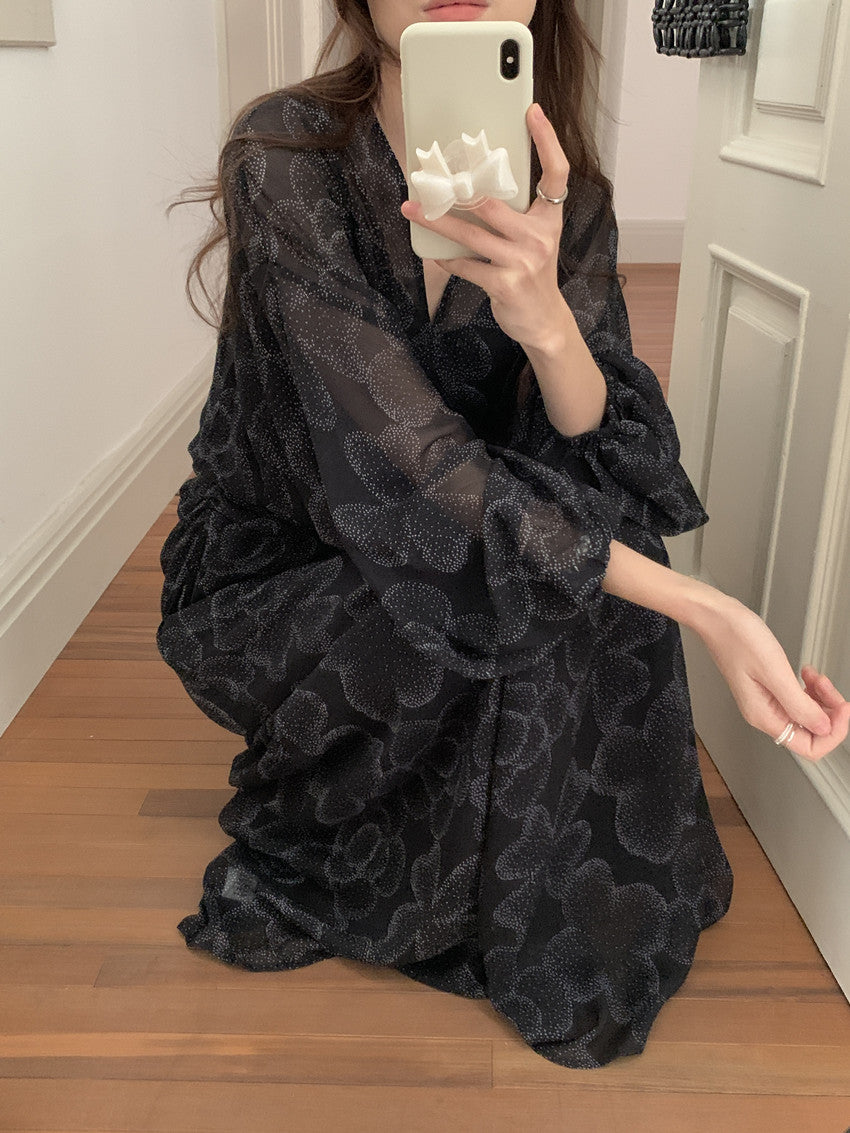 【F60200】實拍復古氣質V領雪紡碎花長洋裝+內搭吊帶裙250225