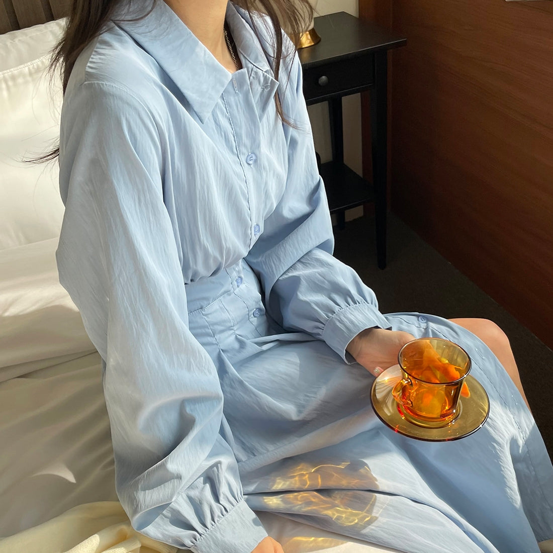 【F60186】實拍春季法式翻領收腰百褶襯衫洋裝250225