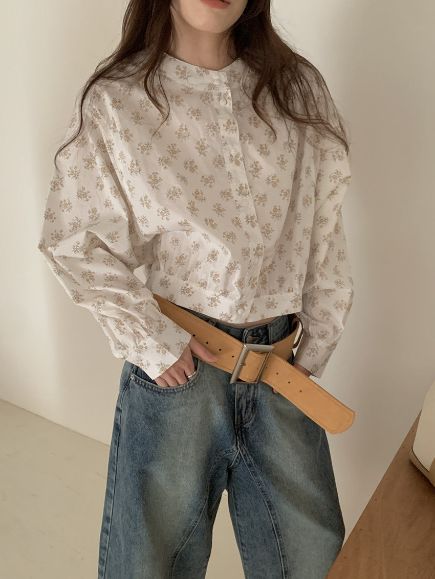 【F60248】實拍小眾復古 清新碎花立領長袖襯衫250304