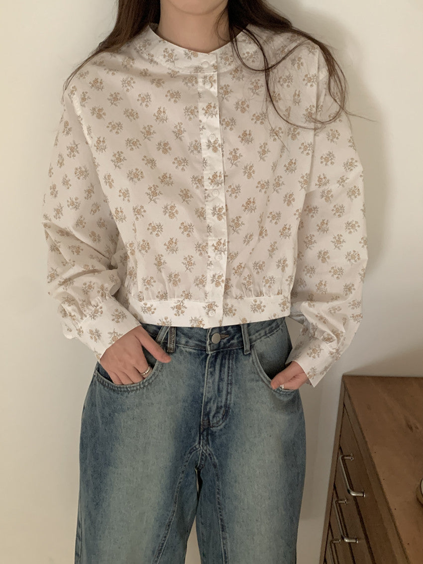 【F60248】實拍小眾復古 清新碎花立領長袖襯衫250304