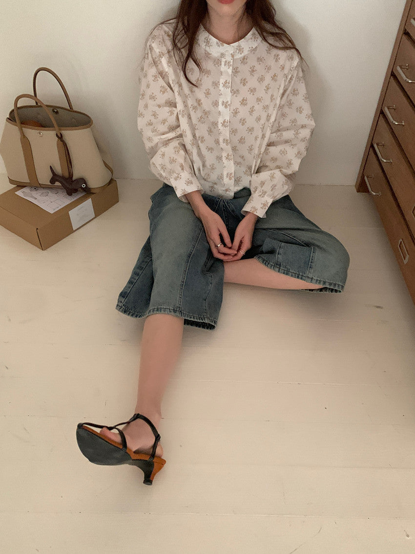 【F60248】實拍小眾復古 清新碎花立領長袖襯衫250304