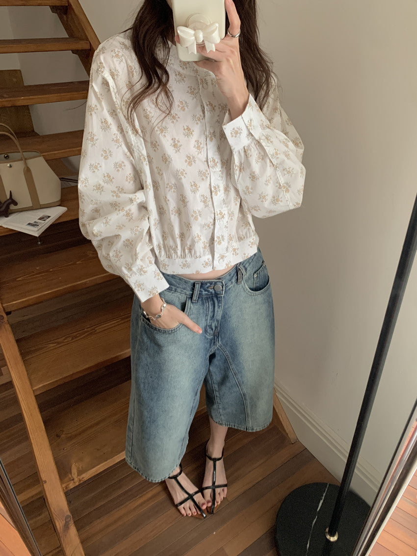 【F60248】實拍小眾復古 清新碎花立領長袖襯衫250304