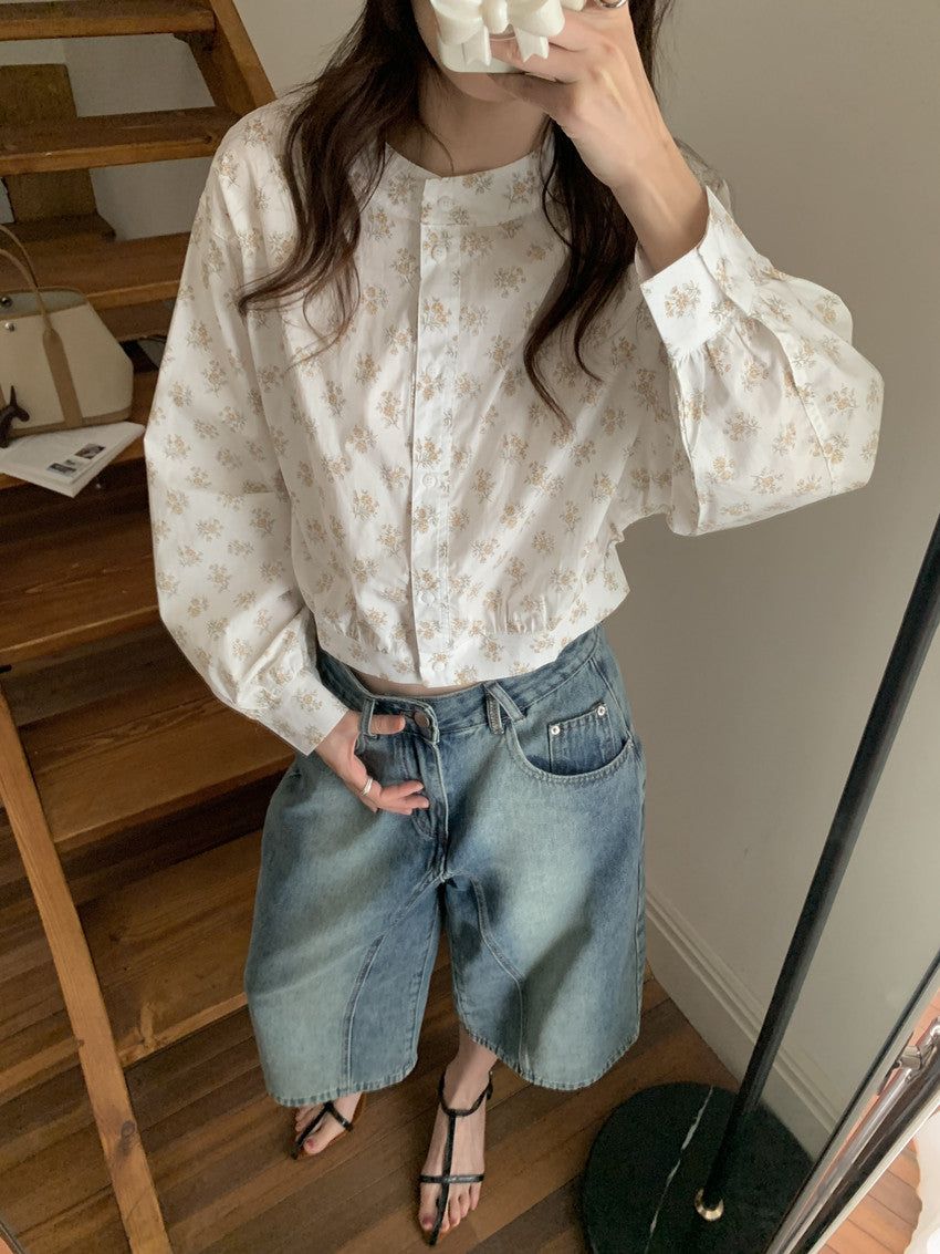 【F60248】實拍小眾復古 清新碎花立領長袖襯衫250304