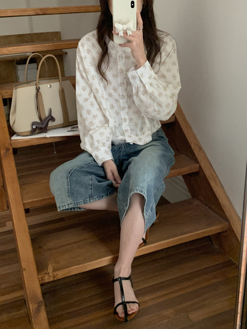 【F60248】實拍小眾復古 清新碎花立領長袖襯衫250304