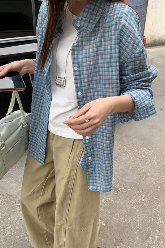 【F032269】實拍S~XL早春簡約清新藍格子襯衫250311