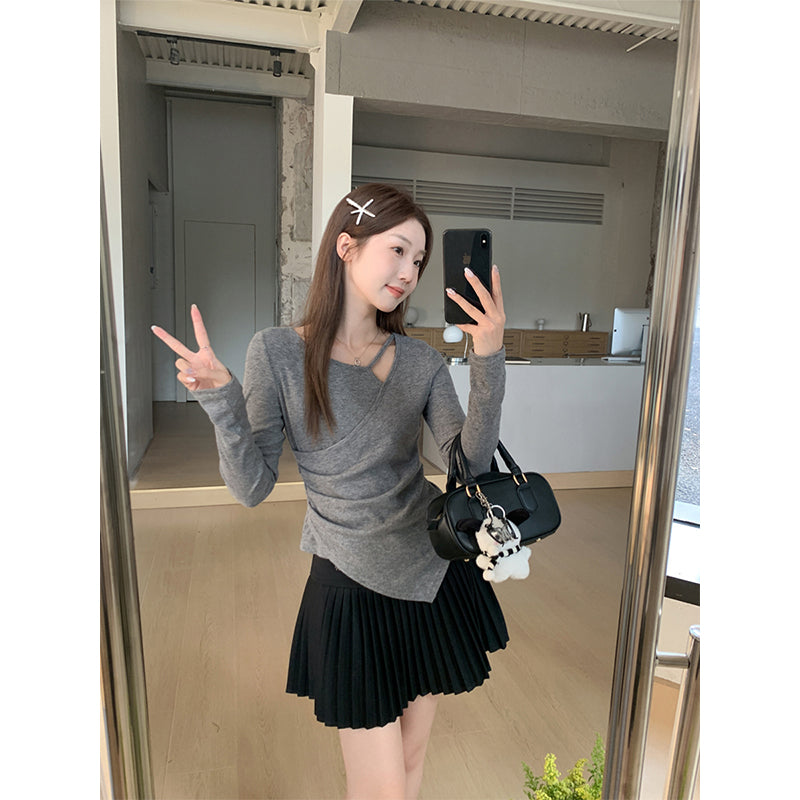 【F032266】實拍S~XL灰色交叉不對稱長袖針織T恤250311